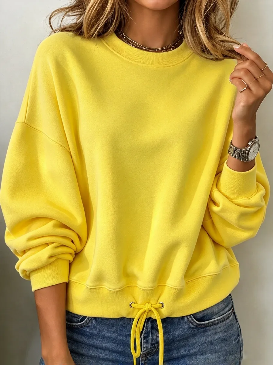Women's Casual Drawstring Hem Crewneck Sweatshirt