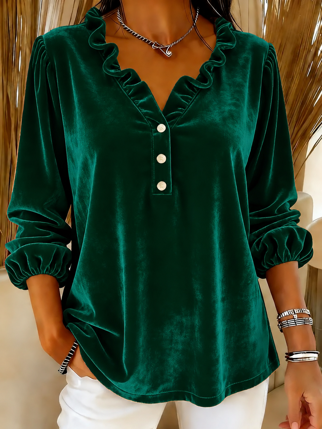 Women’s Ruffle-Neck Velvet Long Sleeve Blouse