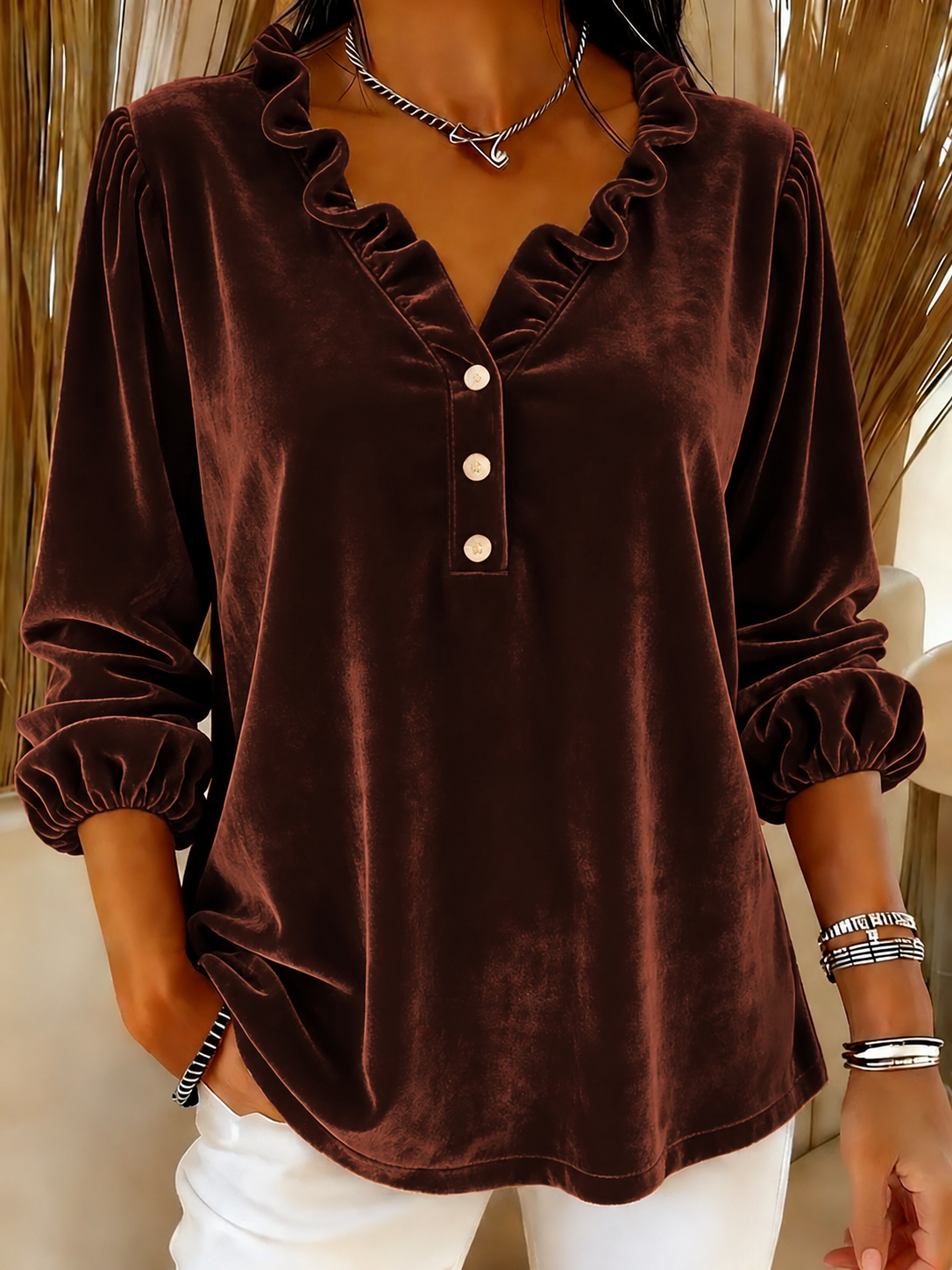 Women’s Ruffle-Neck Velvet Long Sleeve Blouse