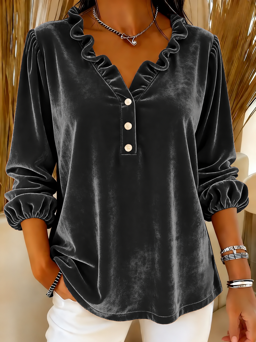 Women’s Ruffle-Neck Velvet Long Sleeve Blouse