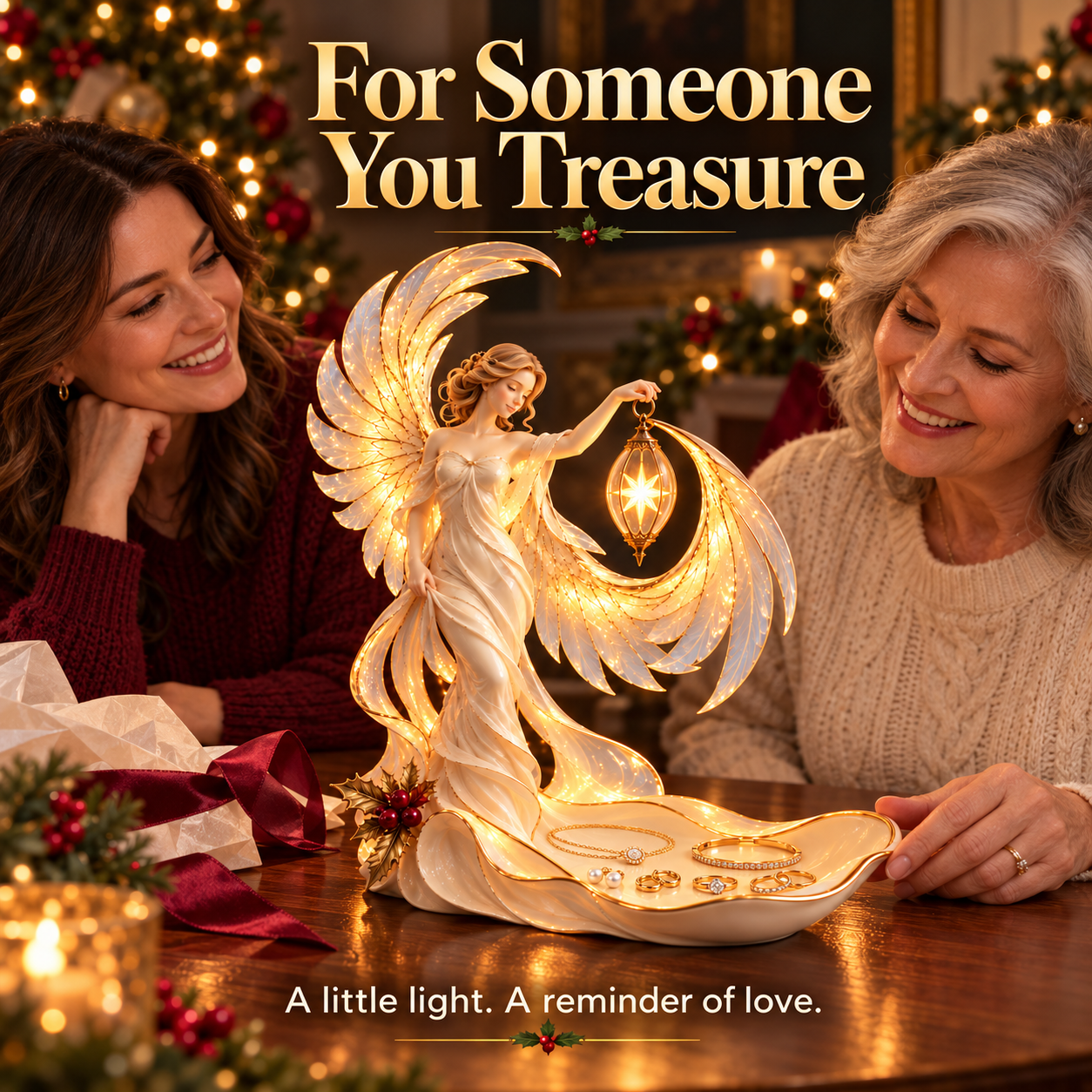 A mother and adult daughter enjoying the angel jewelry tray lamp together in a festive home.