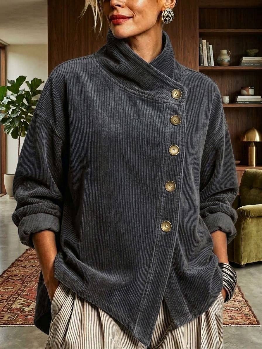 Grey asymmetric button-neck top &mdash; original product color image