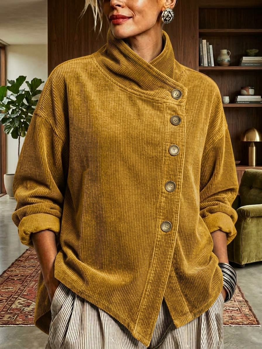 Yellow asymmetric button-neck top &mdash; original product color image
