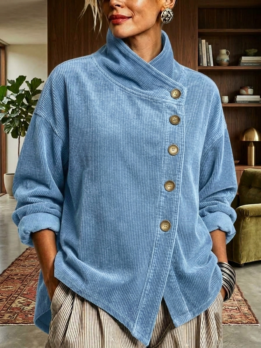 Blue asymmetric button-neck top &mdash; original product color image