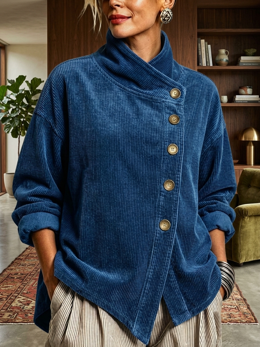 Navy asymmetric button-neck top &mdash; original product color image