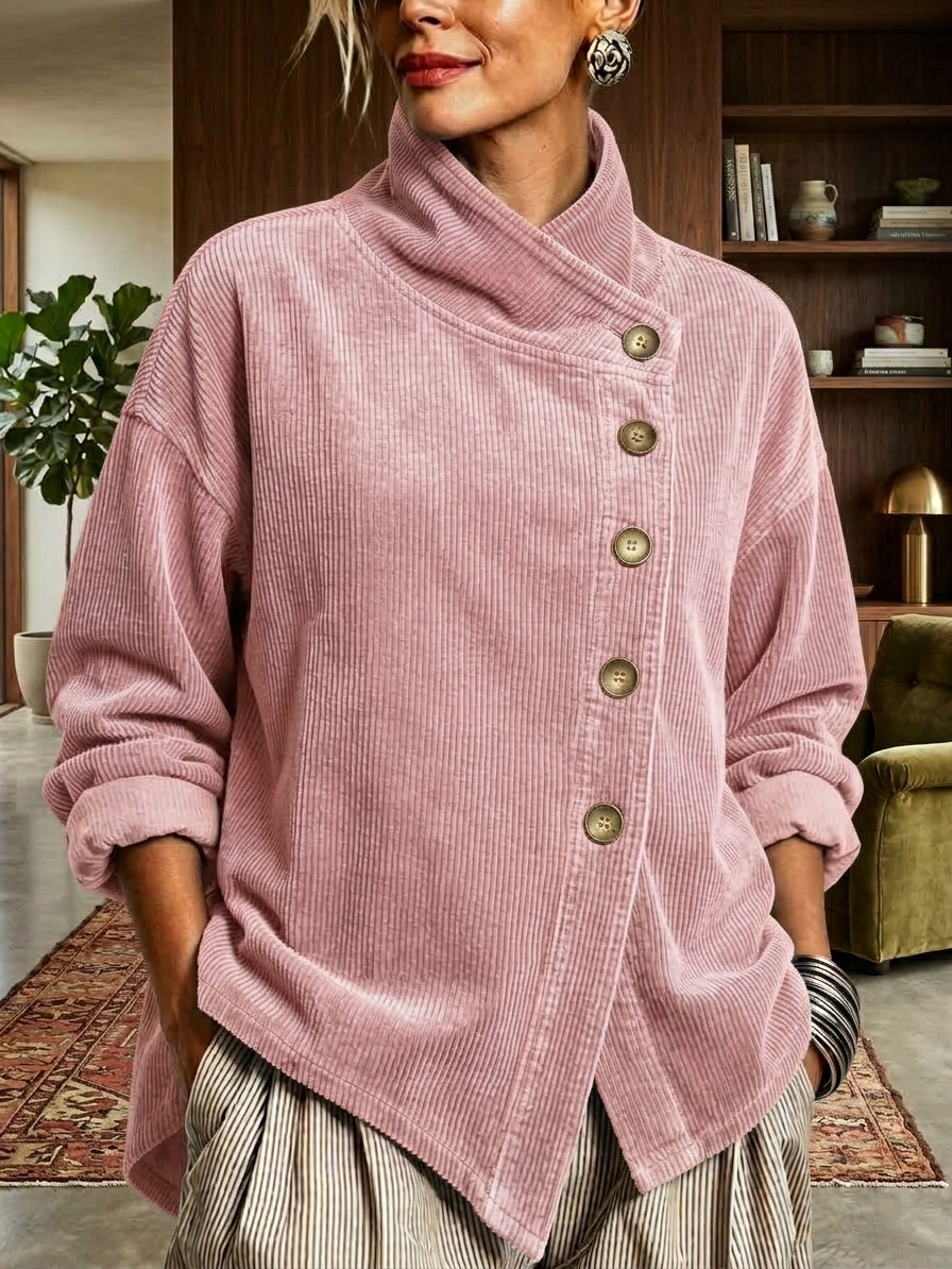 Pink asymmetric button-neck top &mdash; original product color image