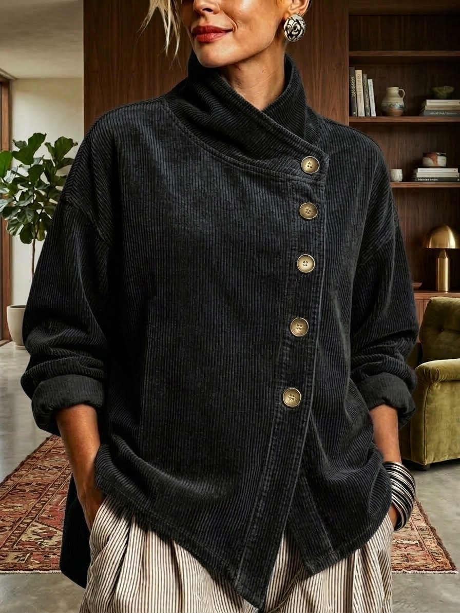 Black asymmetric button-neck top &mdash; original product color image