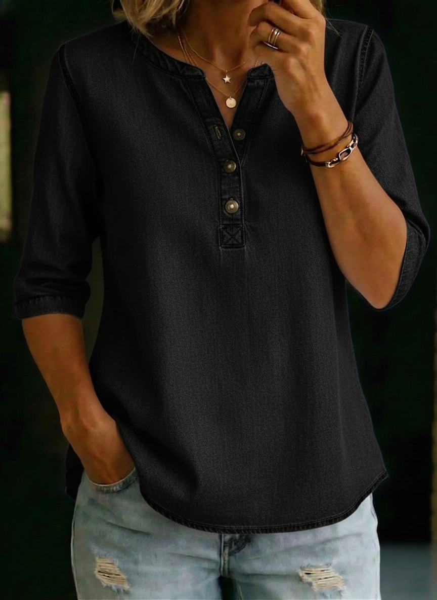 Women's Casual V-Neck Button Detail Relaxed Top