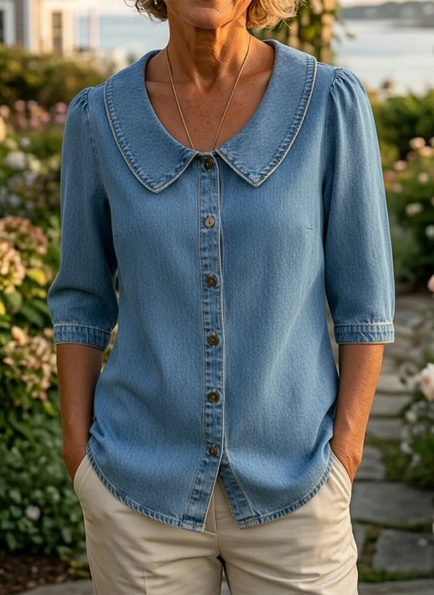 Women's Denim-Style Peter Pan Collar Button Shirt