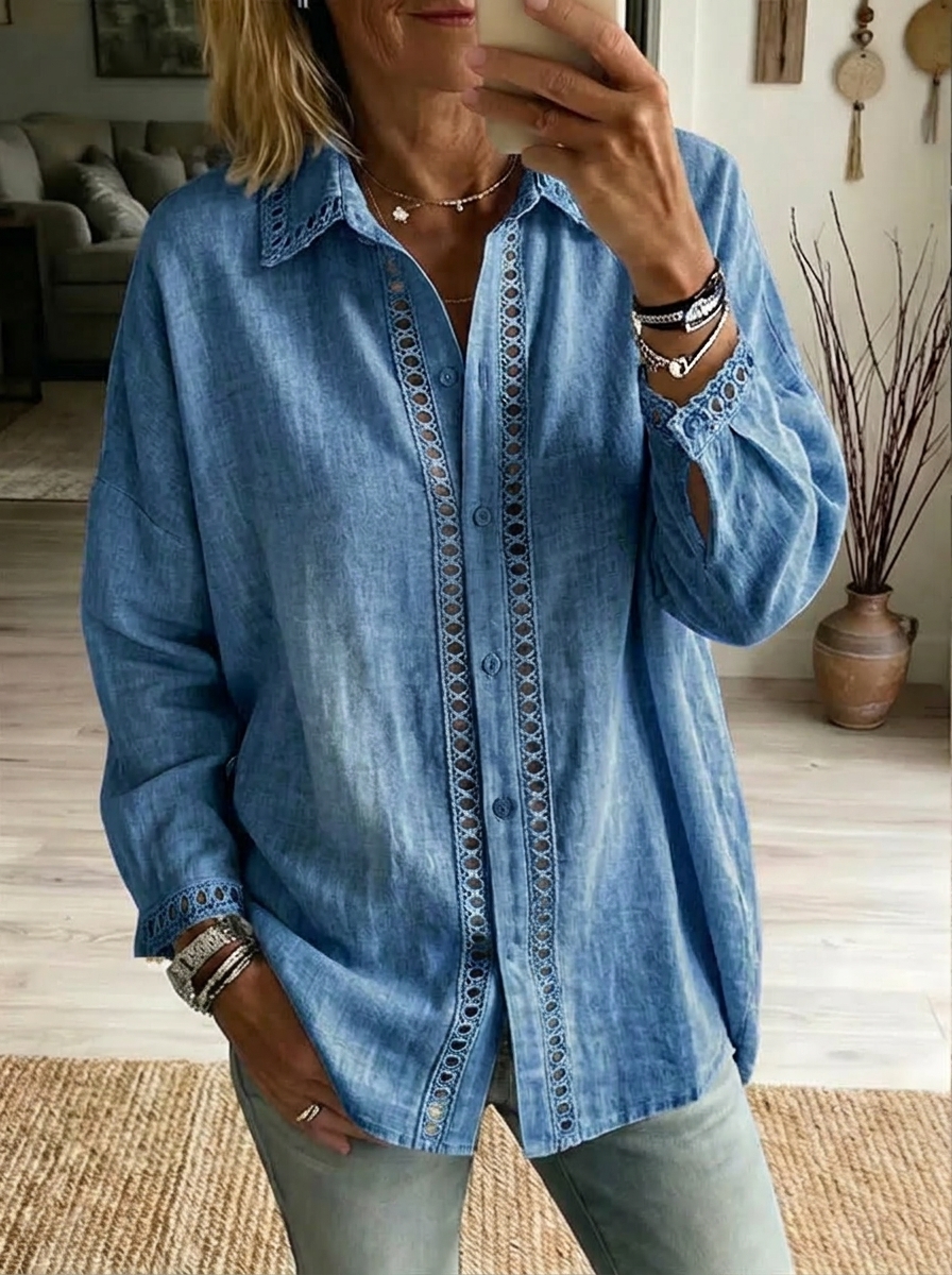 Denim-Style Cutout Lace Detail Button Shirt