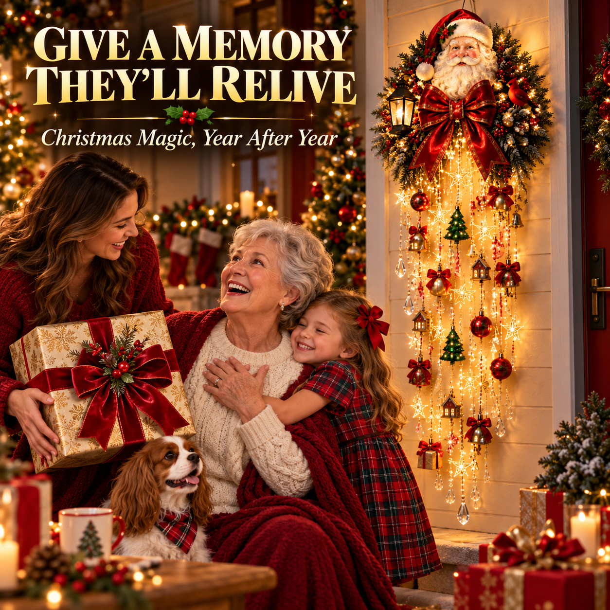 Children and their dog admiring a glowing Santa Christmas wall display