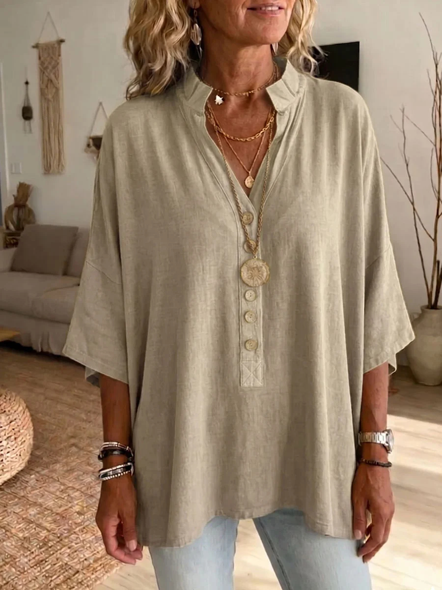 Women's Solid-color V-neck Short-sleeve Casual Loose Cotton-linen Top