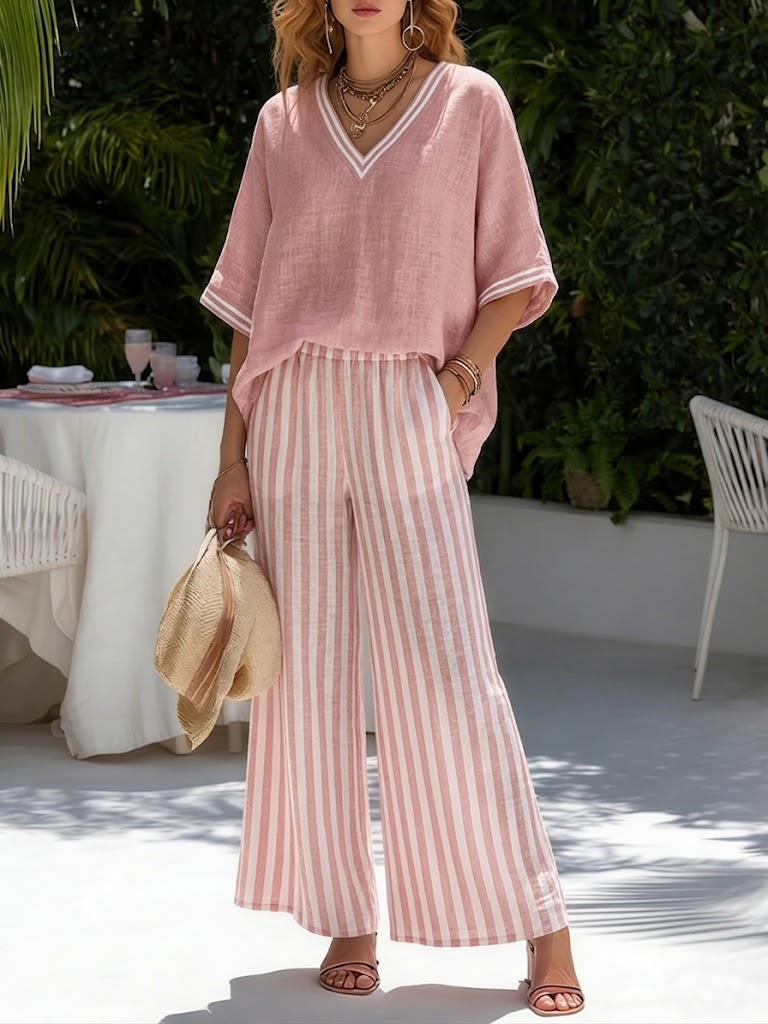Women's Casual Two-piece Set: Striped Linen & Cotton Patchwork Top And Striped Trousers— Look Put Together in 5 Seconds