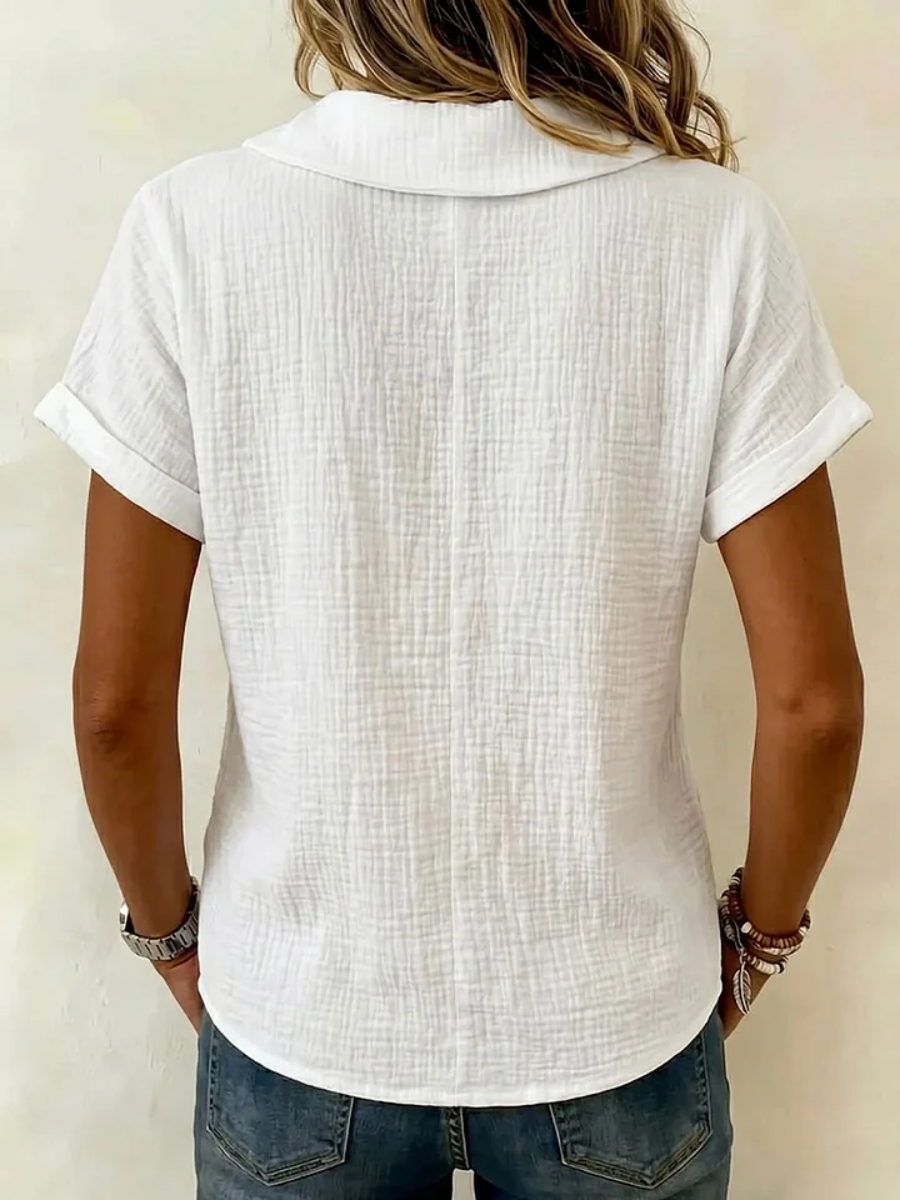 Women's Peter Pan Collar V-neck Short-sleeve Cotton-linen Top