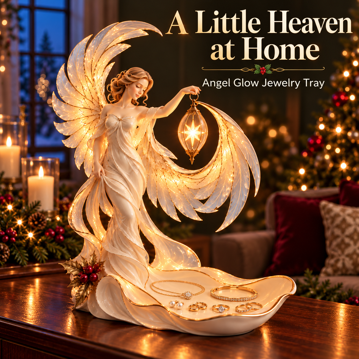 Starlight Angel Jewelry Tray Lamp glowing on a walnut table in a Christmas living room at night.