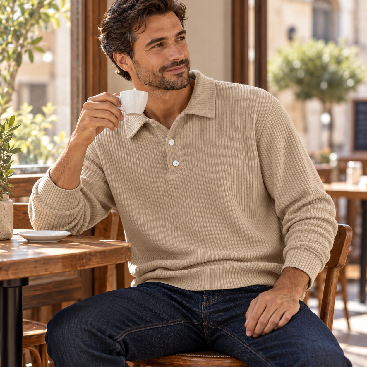 Man seated at a cafe window lifting an espresso cup in the khaki ribbed polo