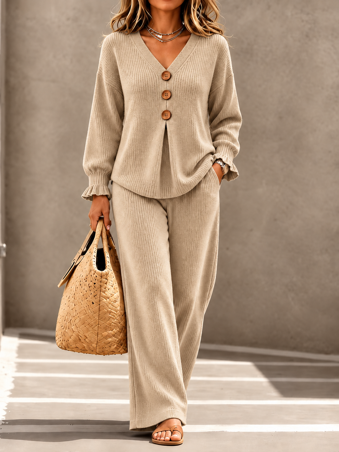 Women 2 Piece Knit Outfit Set, V-Neck Button Long Sleeve Ruffle Top & Wide Leg Pants Casual Loungewear
