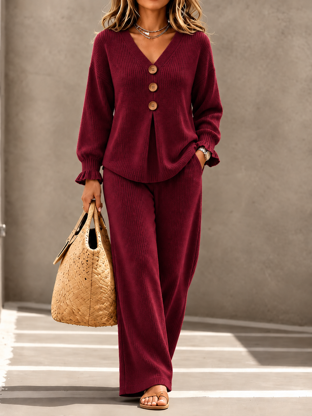 Women 2 Piece Knit Outfit Set, V-Neck Button Long Sleeve Ruffle Top & Wide Leg Pants Casual Loungewear