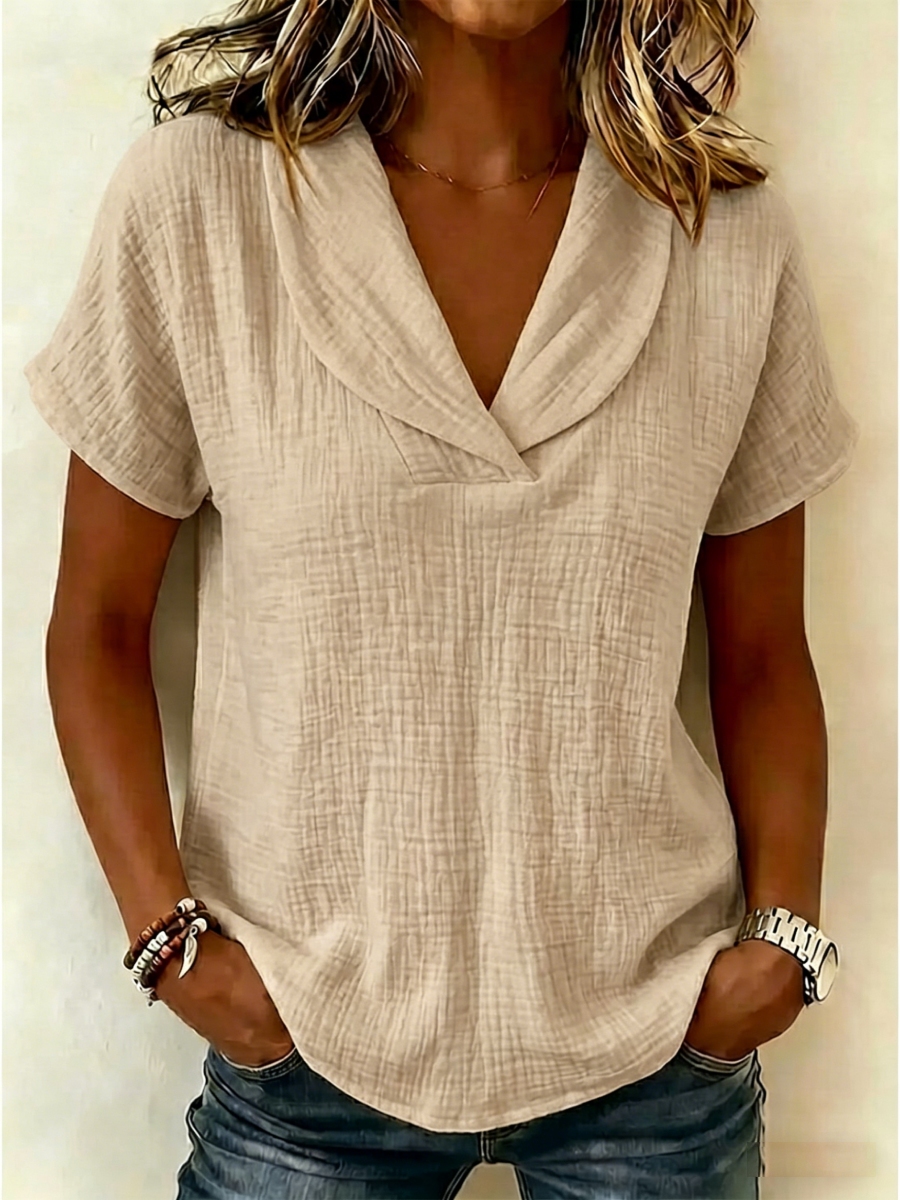 Women's Peter Pan Collar V-neck Short-sleeve Cotton-linen Top