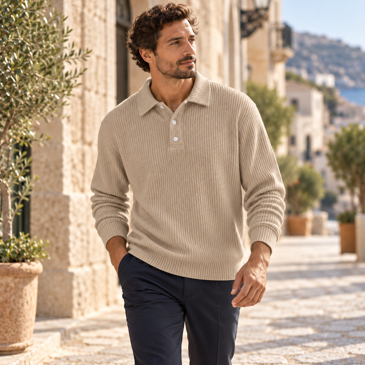Man walking along a stone street wearing the khaki ribbed polo and dark trousers