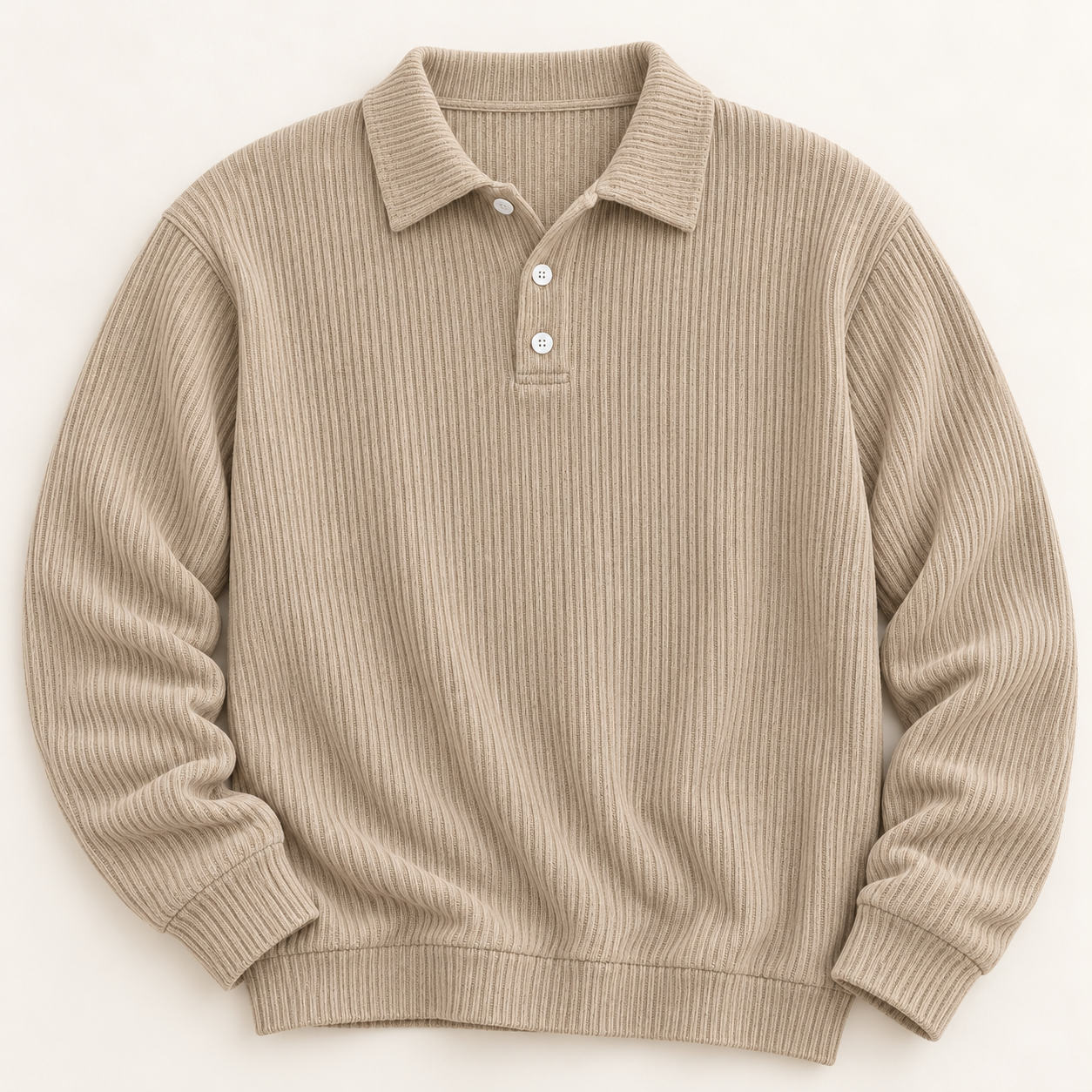 Close-up of the khaki pointed polo collar and three white-button short placket