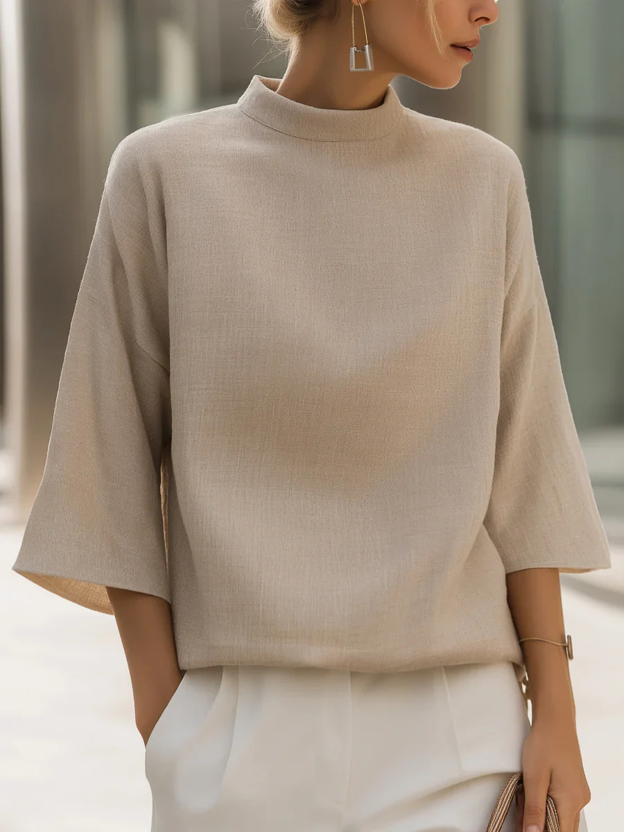Minimalist Elegance Mock Neck Cotton-linen Shirt