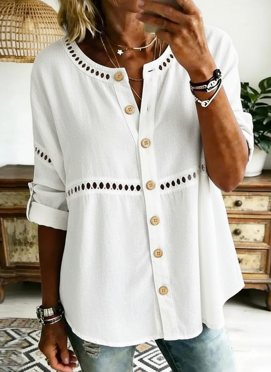 Women's Denim Round Neck Long Sleeve Button Down Top