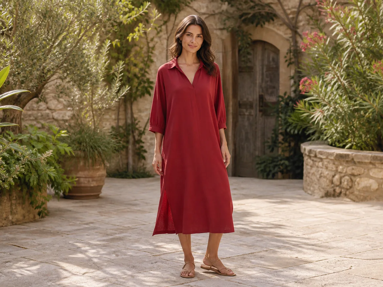 Woman wearing a relaxed red midi dress