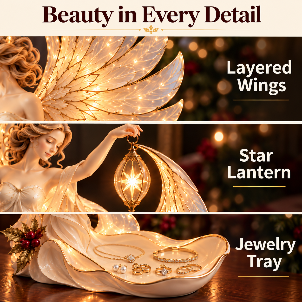 Close-up details of the layered wings, star lantern and jewelry tray.
