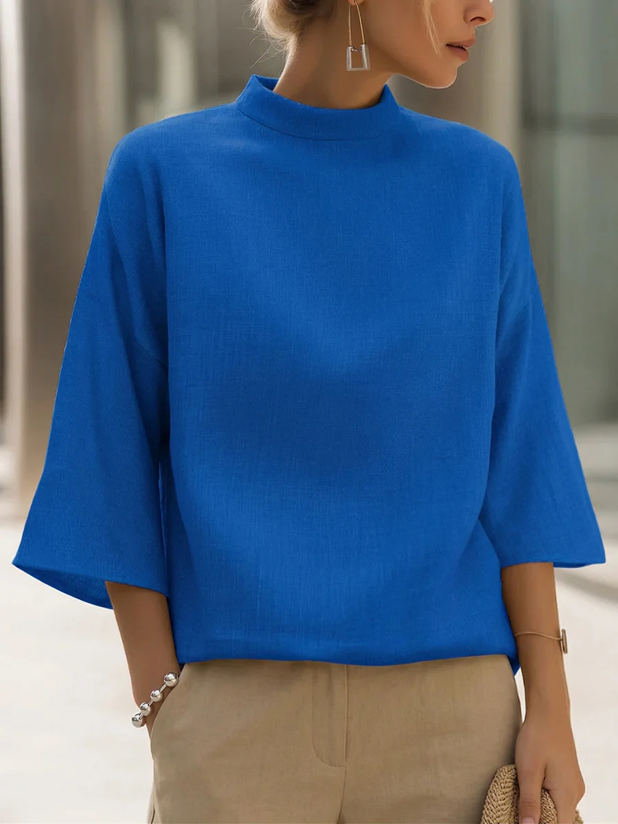 Minimalist Elegance Mock Neck Cotton-linen Shirt