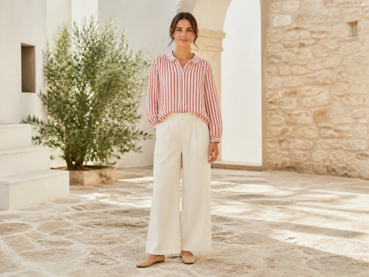 Woman wearing a relaxed striped top and ivory trousers