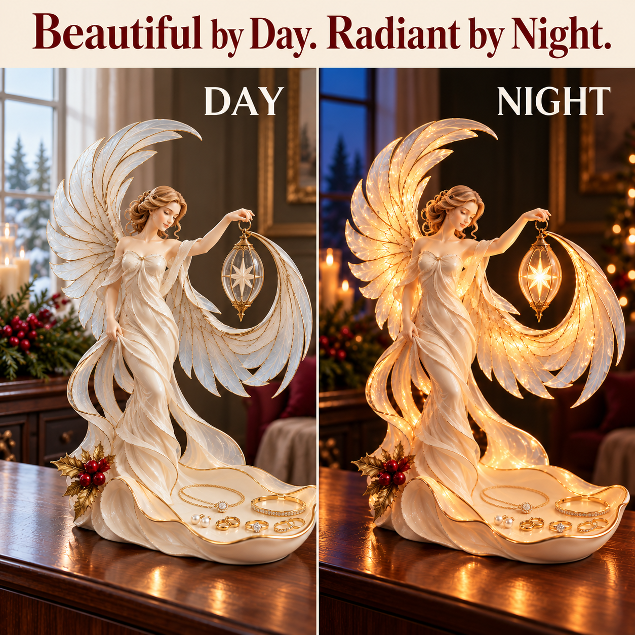 Side-by-side comparison of the same angel jewelry tray unlit in daylight and illuminated at night.