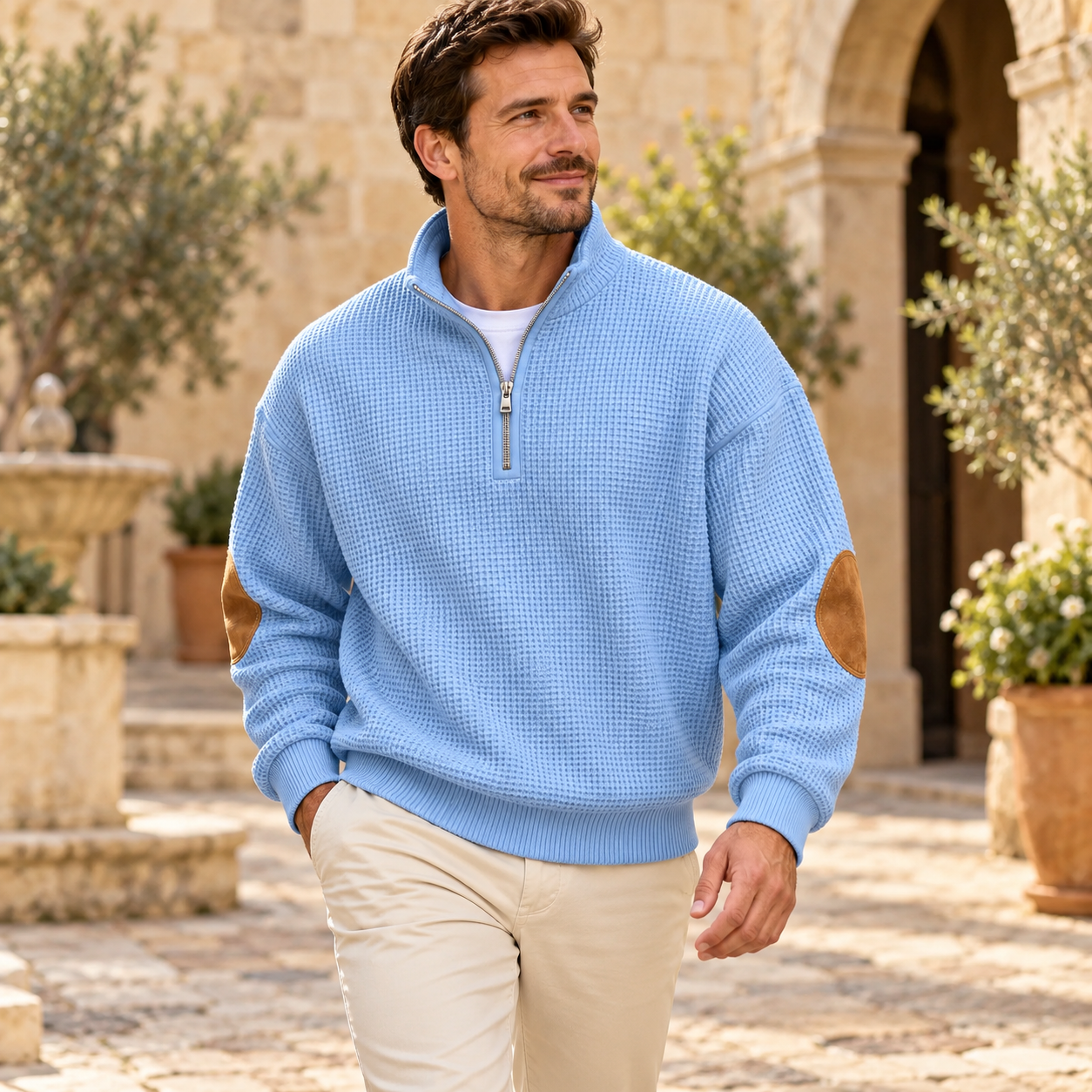 Man walking in a limestone courtyard in the Light Blue waffle-knit quarter-zip with brown elbow patches and cream chinos