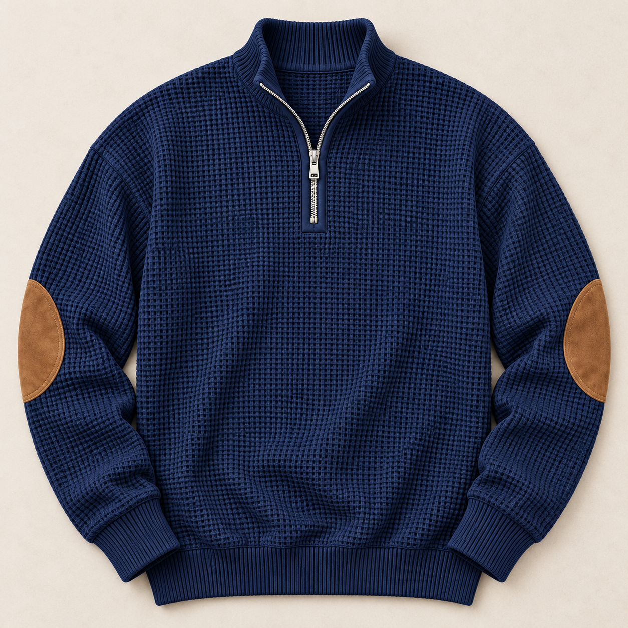 Complete Navy Blue quarter-zip laid flat, showing tonal stand collar, ribbed edges and two brown oval elbow patches
