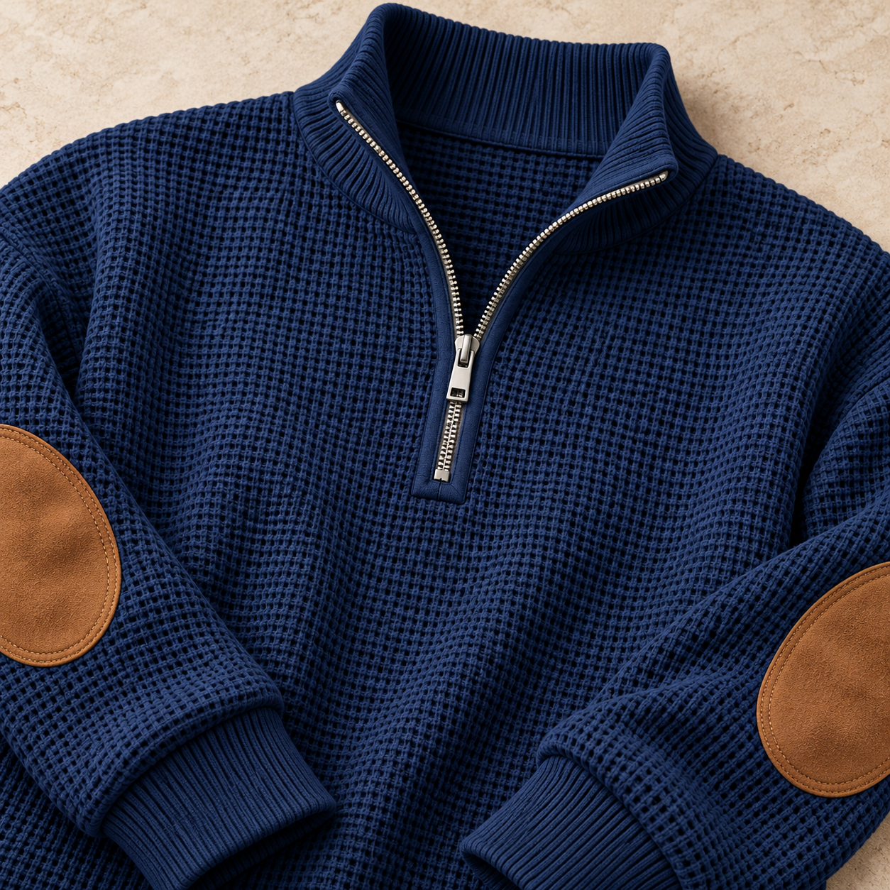 Close-up of the Navy Blue ribbed stand collar and silver-tone quarter zipper against small waffle-knit fabric