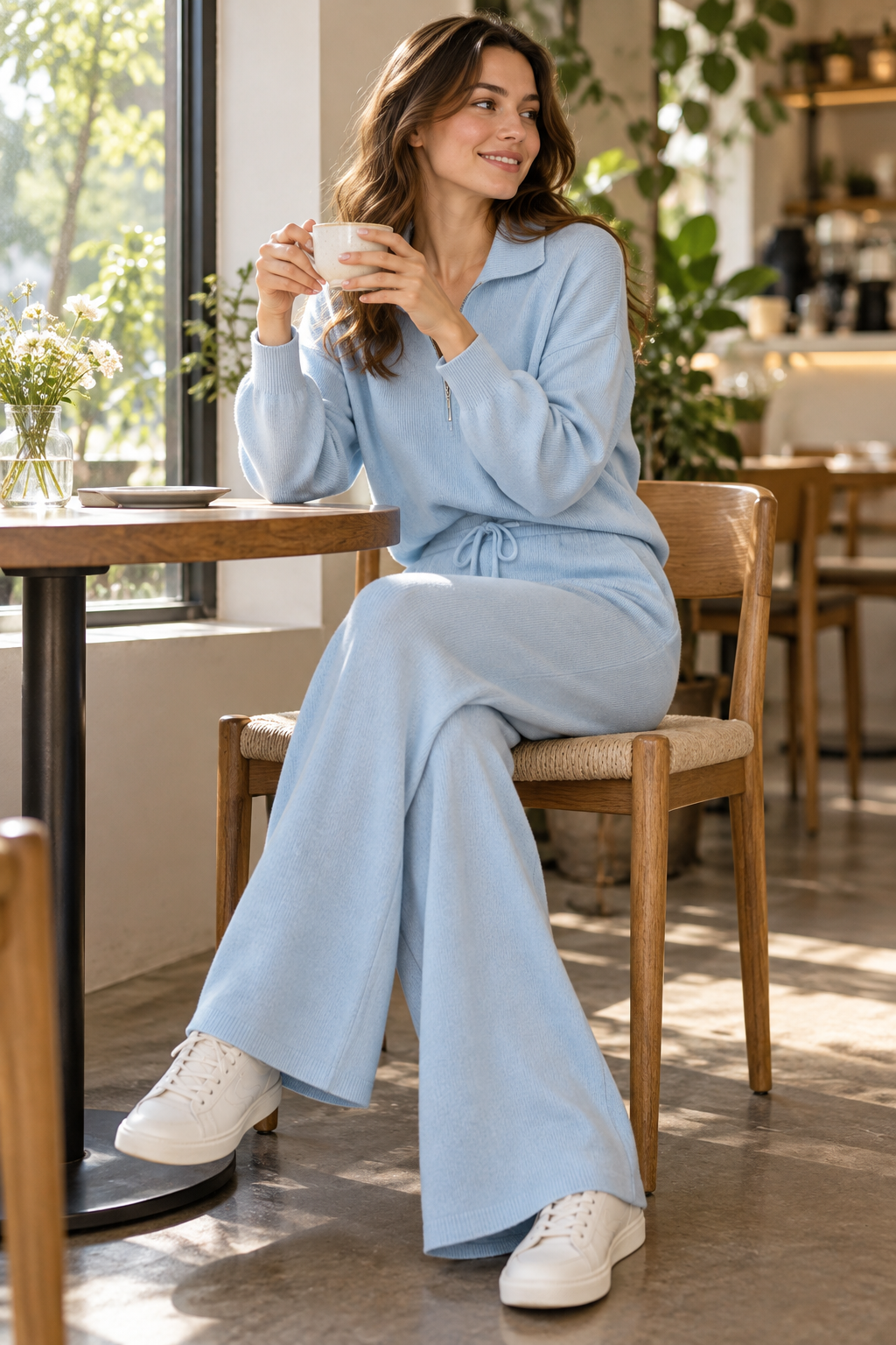 Light blue matching set styled for a quiet caf&eacute; break
