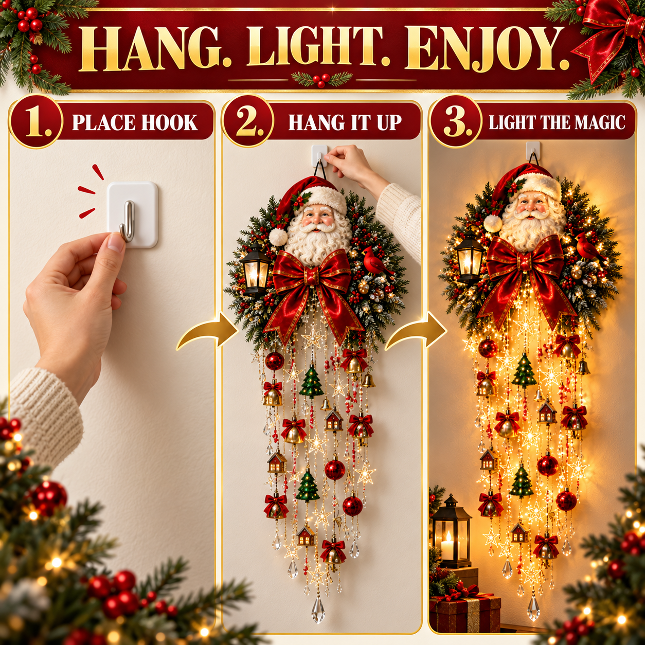 Glowing Santa cascading Christmas wall light displayed outside at night