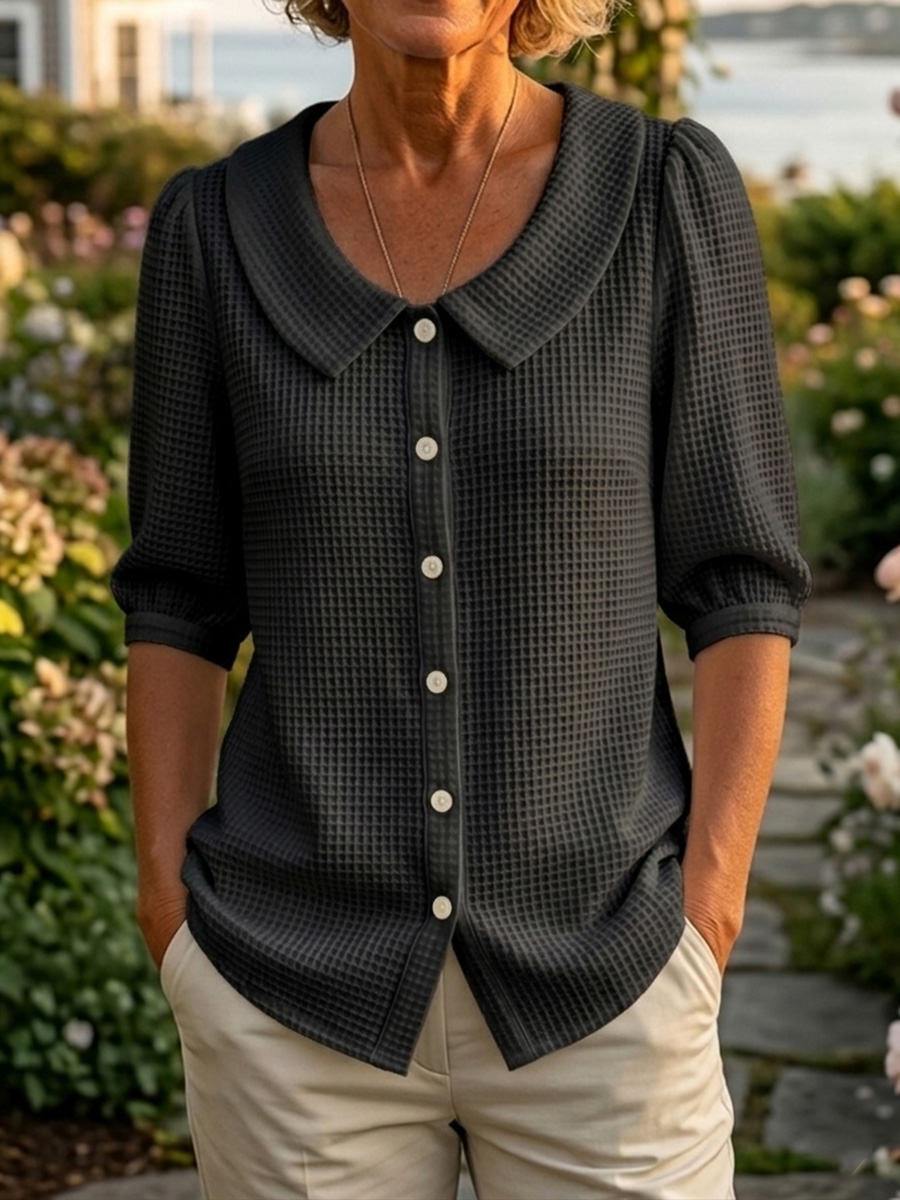 Women’s Casual Peter Pan Collar Waffle Knit Shirt