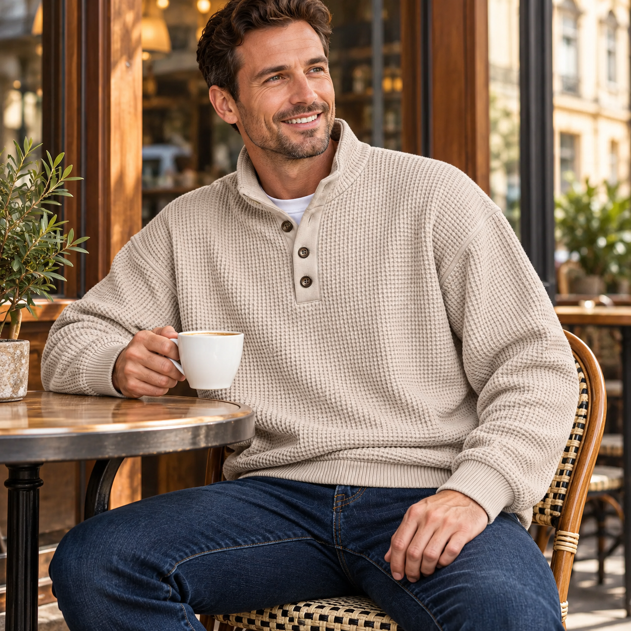 White male model seated at an outdoor caf&eacute;, smiling and holding a cup in the Beige three-button waffle sweater
