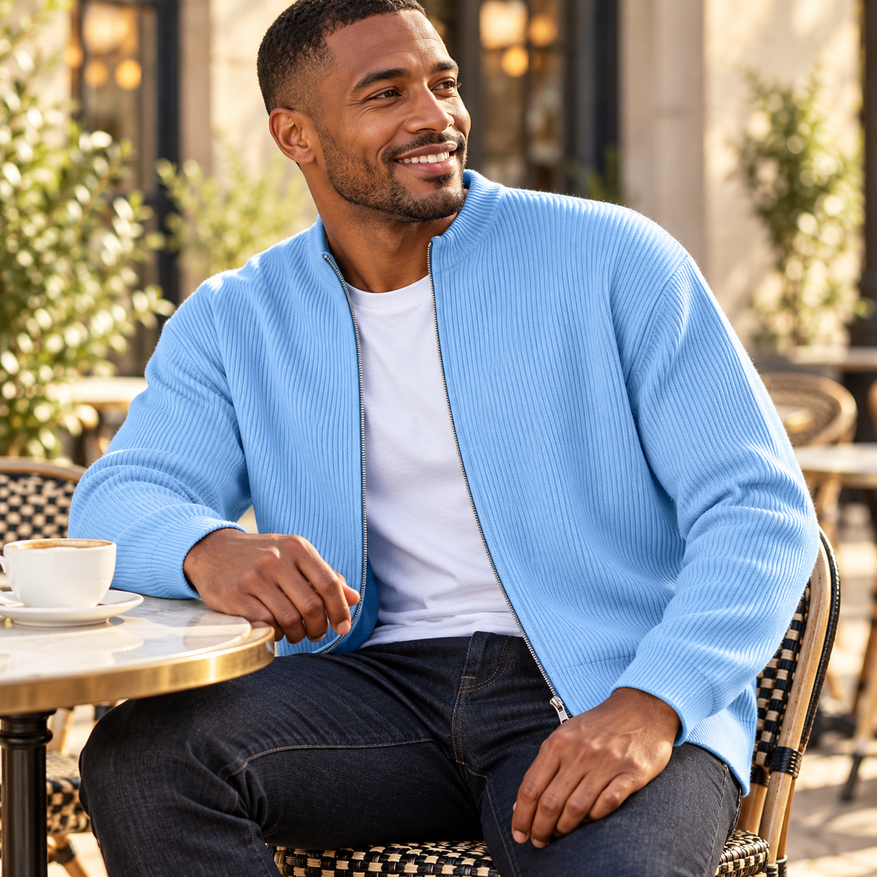 Man seated at an outdoor cafe smiling beside a coffee cup in the blue ribbed jacket