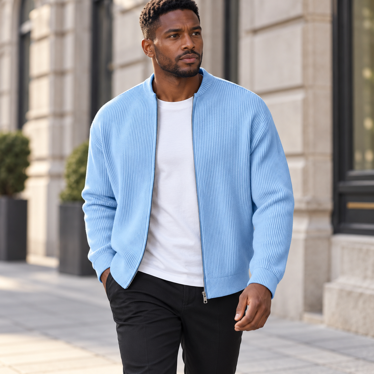 Man walking along stone city architecture in the blue ribbed jacket over a white T-shirt and black trousers