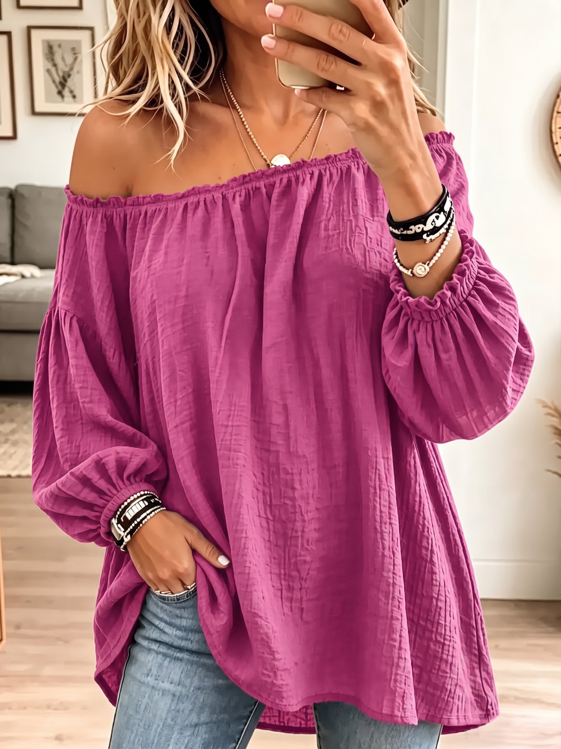 Rózsaszín Vintage Off-Shoulder Pleated Cotton-Linen Shirt