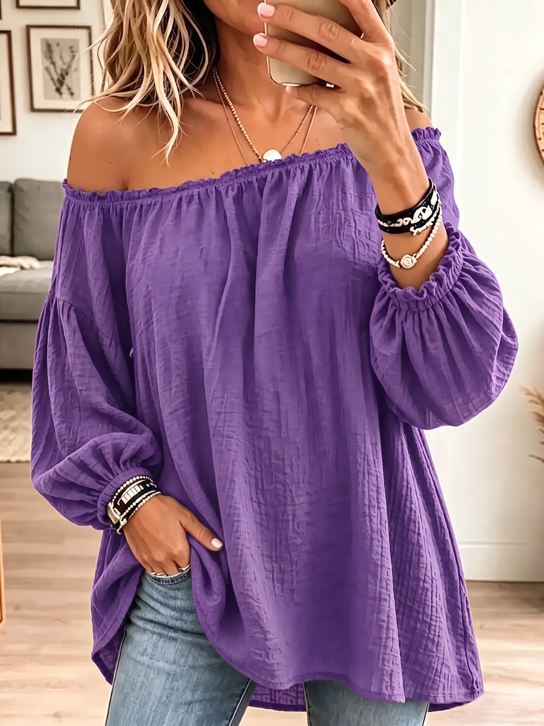 Lila Vintage Off-Shoulder Pleated Cotton-Linen Shirt
