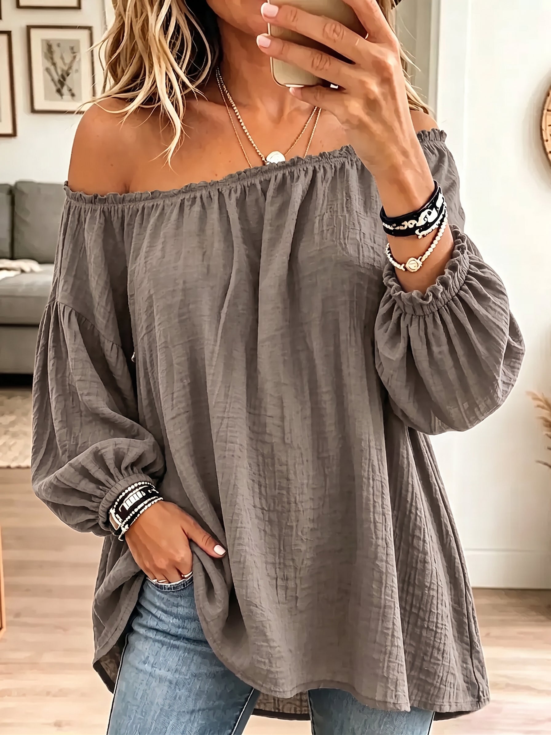 Szürke Vintage Off-Shoulder Pleated Cotton-Linen Shirt