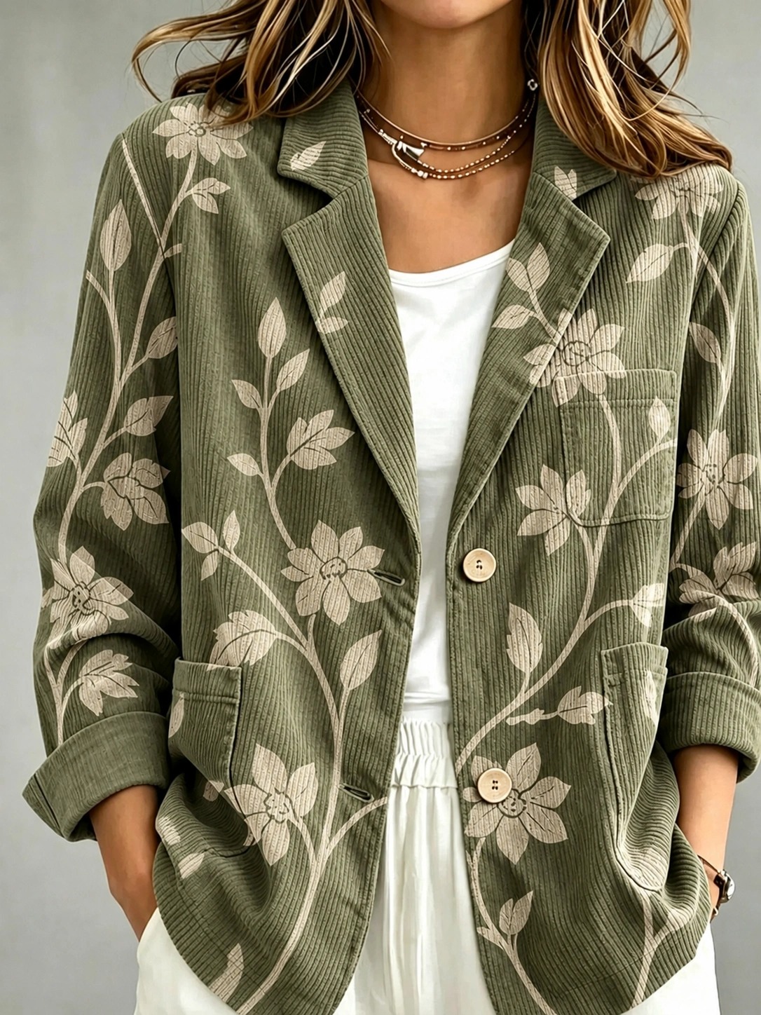 Women's Floral Embroidered Blazer Jacket, Lapel Collar Long Sleeve Loose Casual Floral Outerwear with Pockets