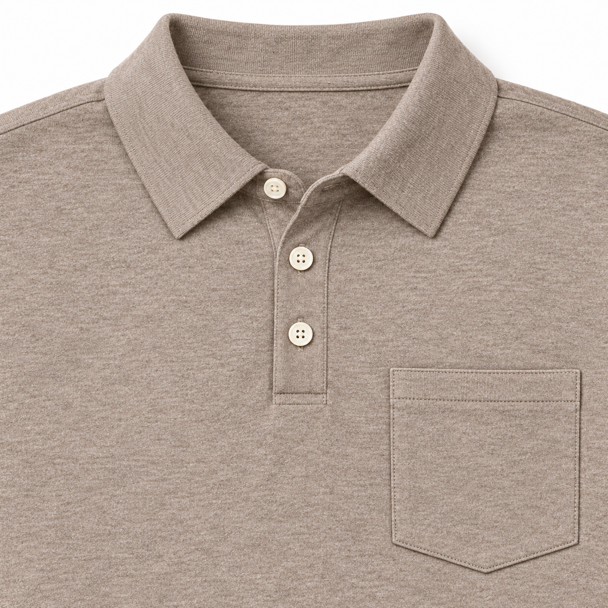 Close-up of the Heather Khaki fold-down pointed collar, three small ivory buttons and single chest patch pocket
