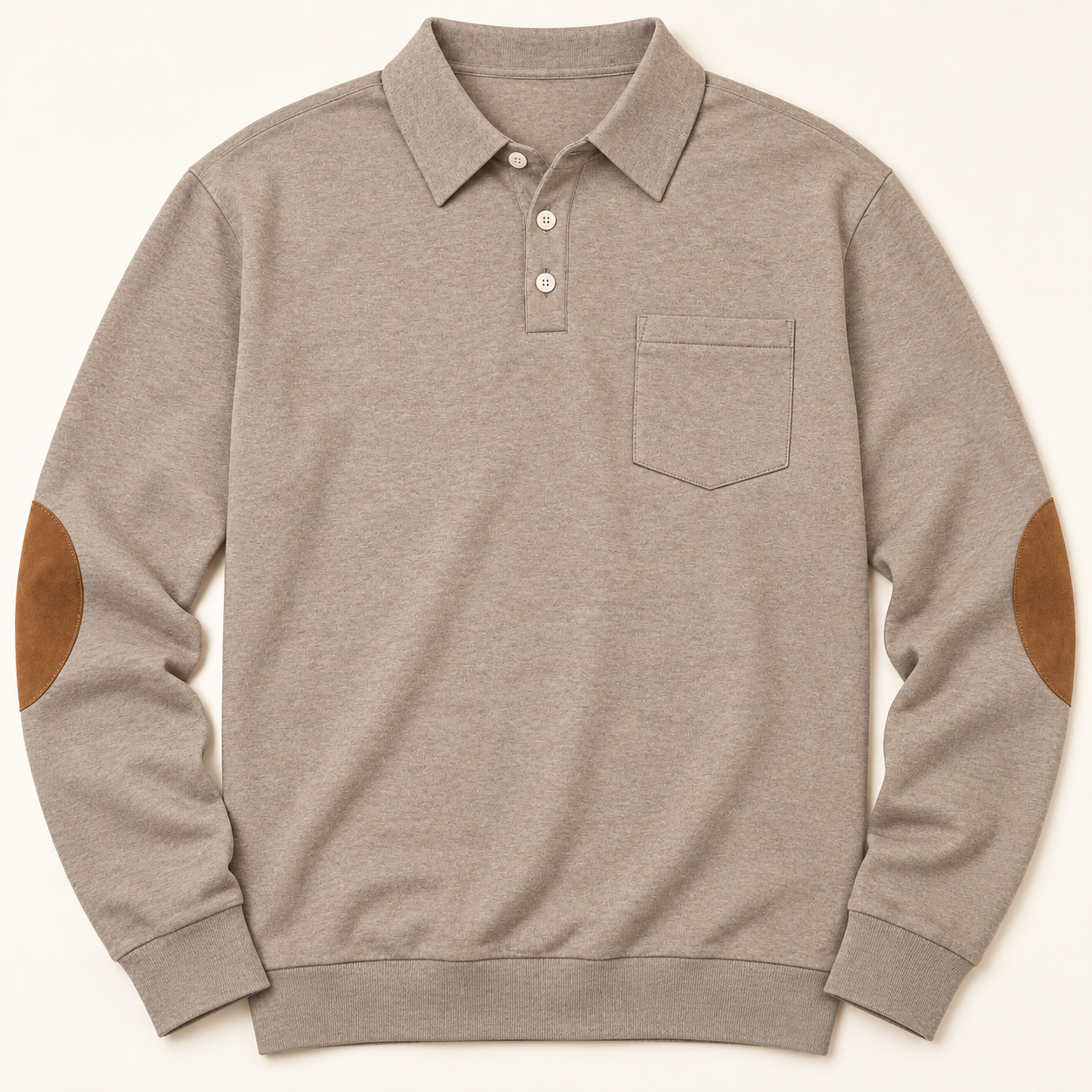 Heather Khaki long-sleeve polo laid flat showing pointed collar, three ivory buttons, chest pocket and brown elbow patches