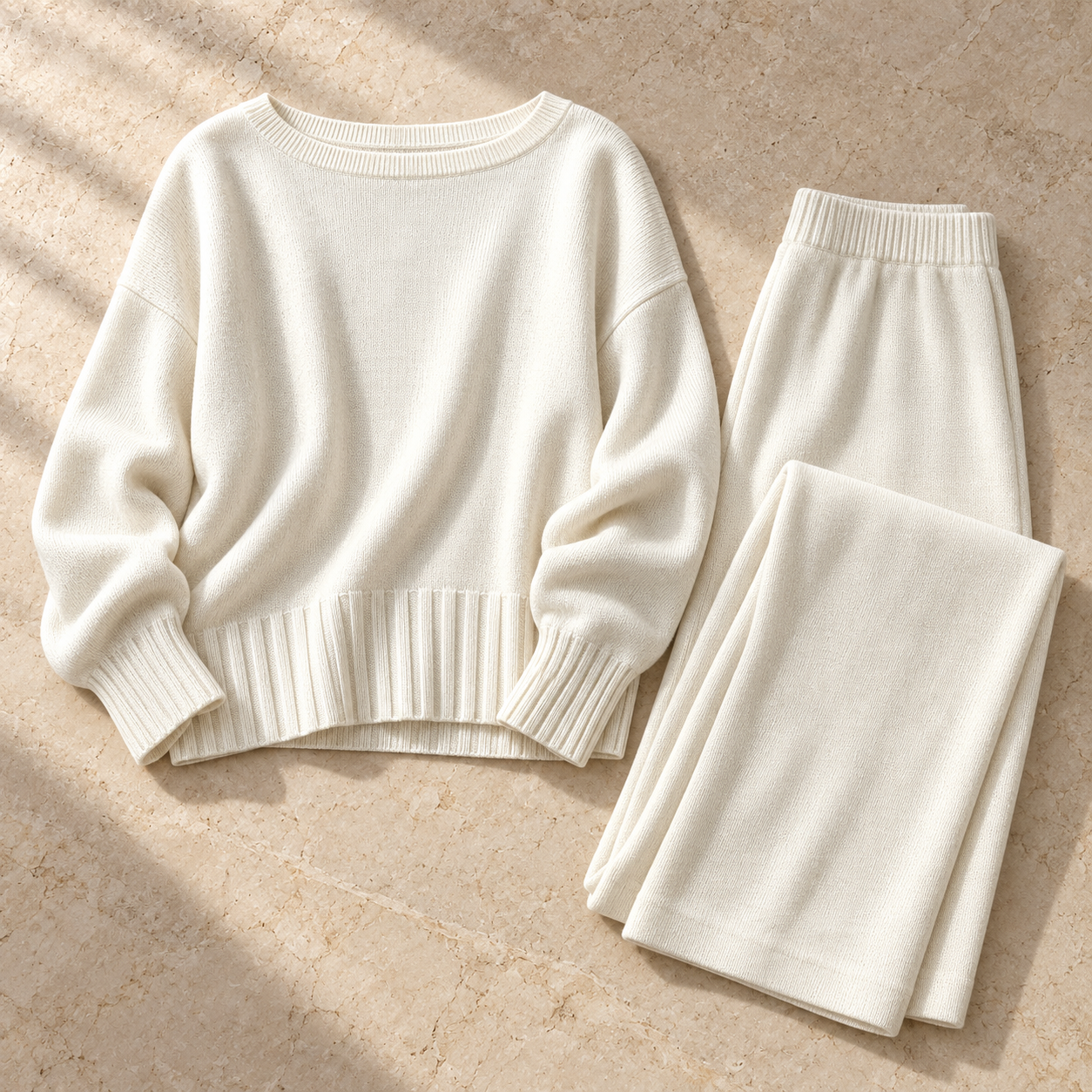Ivory knit sweater laid flat beside folded matching trousers, showing the complete two-piece set