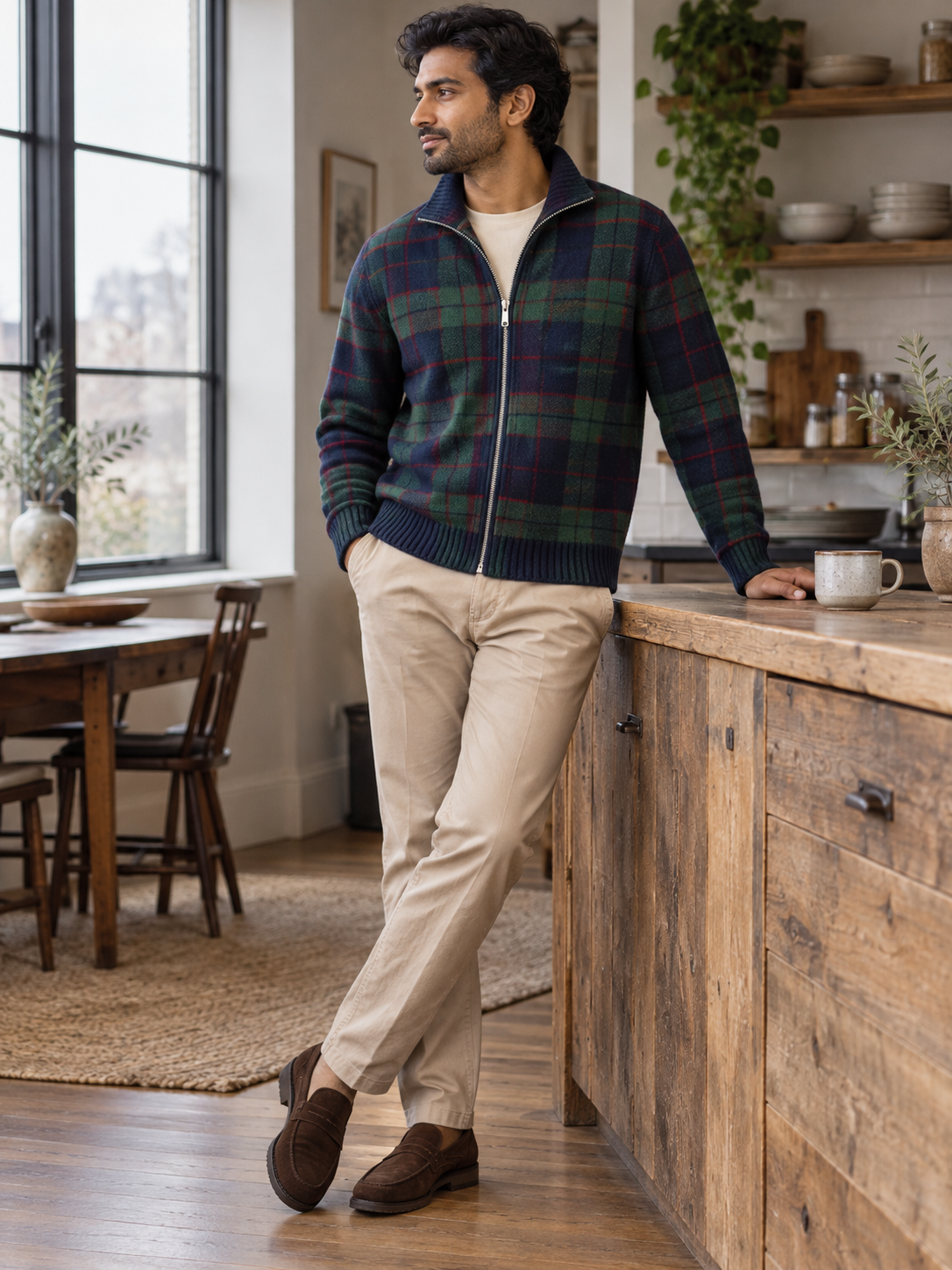 At home: men's plaid wool full-zip cardigan worn in an everyday outfit