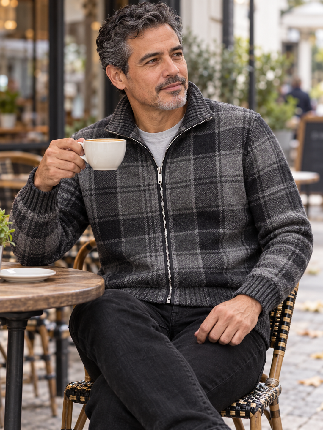 An easy pause: men's plaid wool full-zip cardigan worn in an everyday outfit